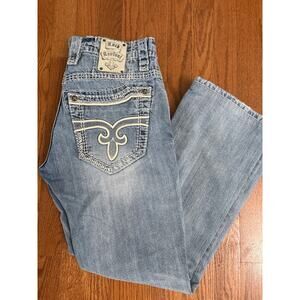 Rock Revival Buckle Jason Boot Cut Jean Mens 31X28 Distressed Leather Trim Coin